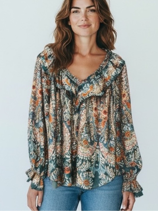 Umgee Tops - Umgee Boho Green Orange Floral Print Blouse Top V-Neck Long Sleeves Ruffle Small